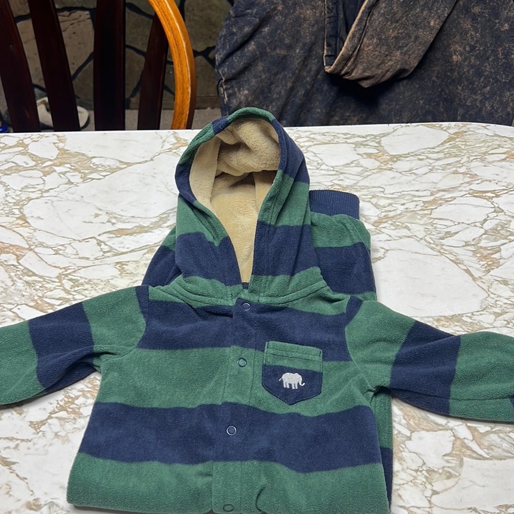 Carters 18 month body suit with hood. Dark blue and green stripes